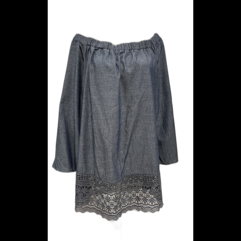 NWT Unique Spectrum Chambray Peasant Crochet Hem Blouse Shirt Bell Sleeve Sz 1X